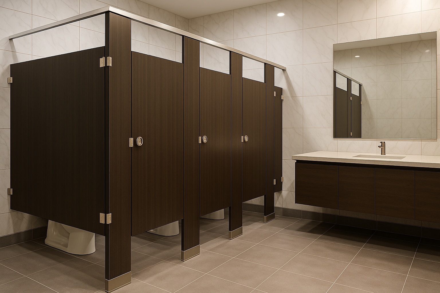 Modern commercial restroom with Division 10 toilet partitions and vanity
