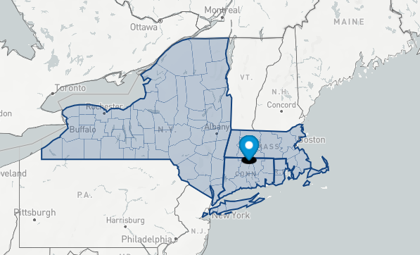 Service area map showing delivery across New England and New York